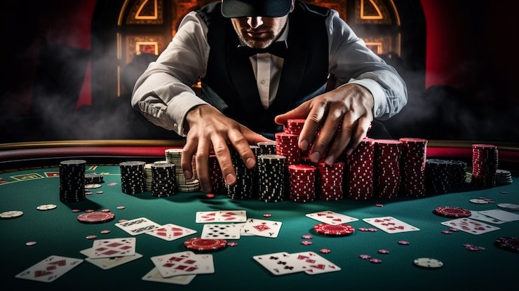 Studio live-dealer omu togel menampilkan meja blackjack dan roulette dengan dealer profesional